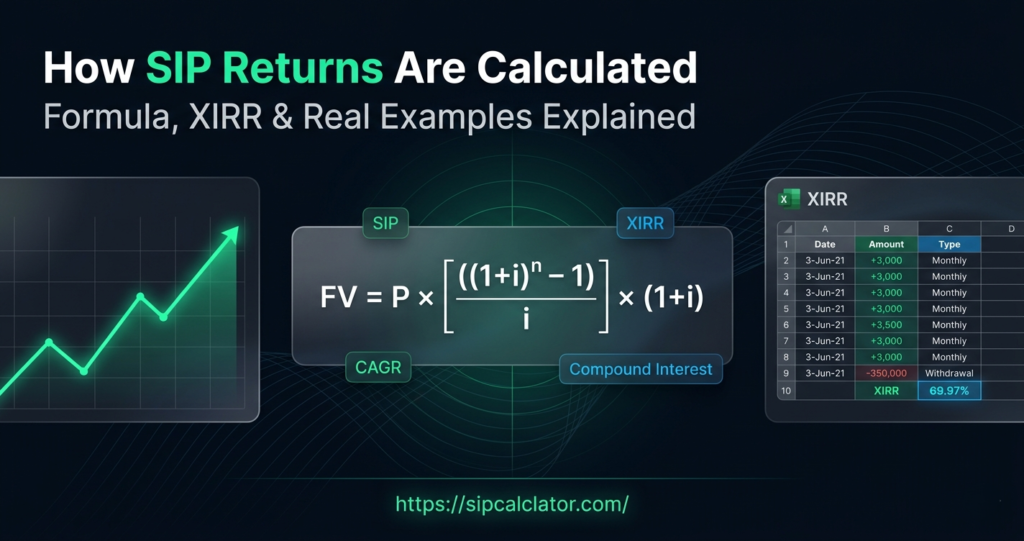 SIP return calculation diagram showing formula, XIRR concept, and investment growth chart explaining how mutual fund SIP returns are calculated.