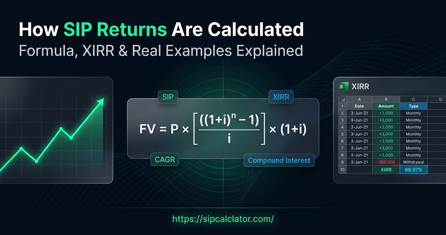 SIP return calculation diagram showing formula, XIRR concept, and investment growth chart explaining how mutual fund SIP returns are calculated.
