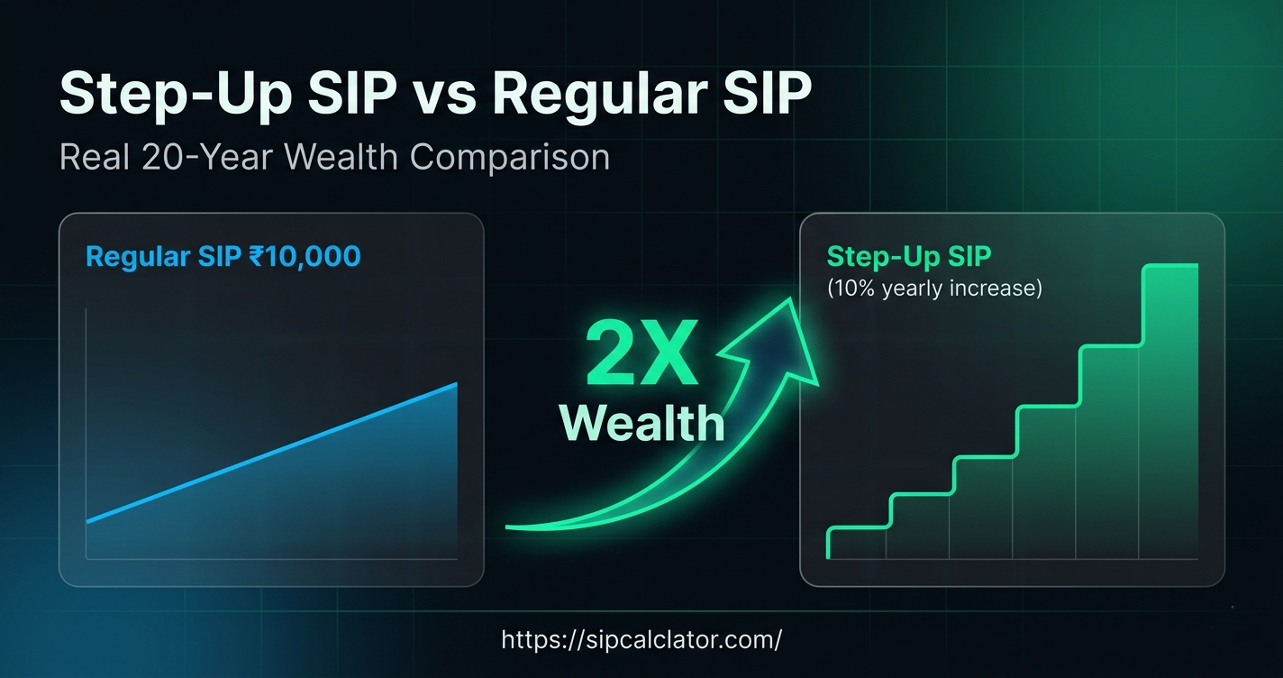 Step-up SIP vs regular SIP comparison showing long-term wealth growth difference with staircase growth model versus flat investment returns.