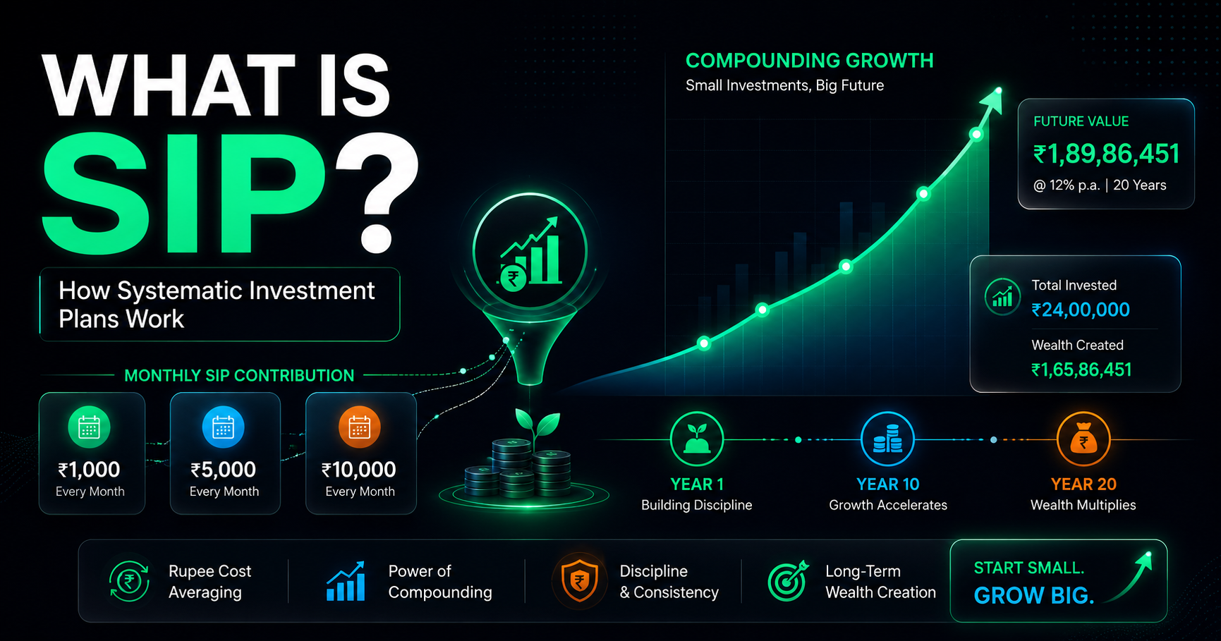 What is SIP illustration showing monthly investments growing through compounding into long-term wealth using a Systematic Investment Plan.