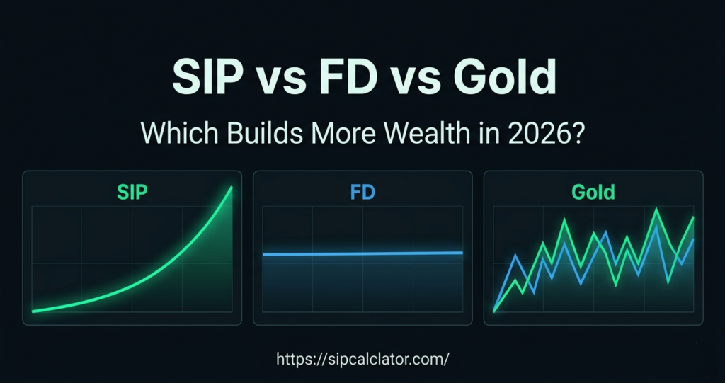 SIP vs FD vs Gold comparison showing investment growth, returns, and risk levels for long term wealth creation in India